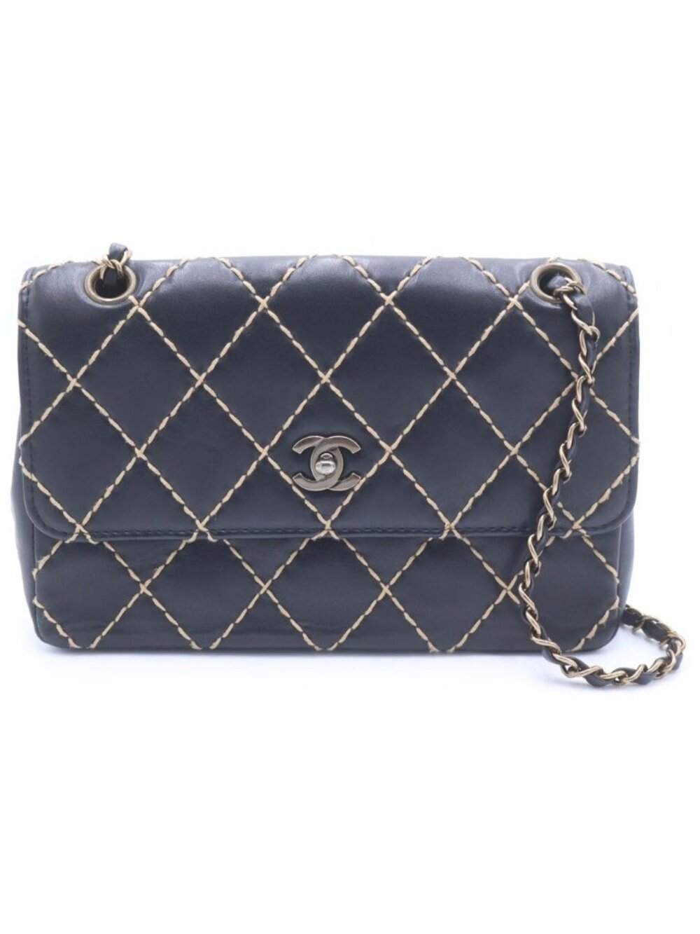 Chanel Quilted 25 Wild Stitch Chain Shoulder Bag Black Leather Gold